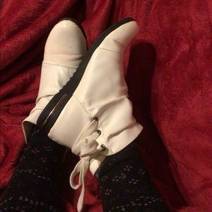 Slouchy white flat heel booties